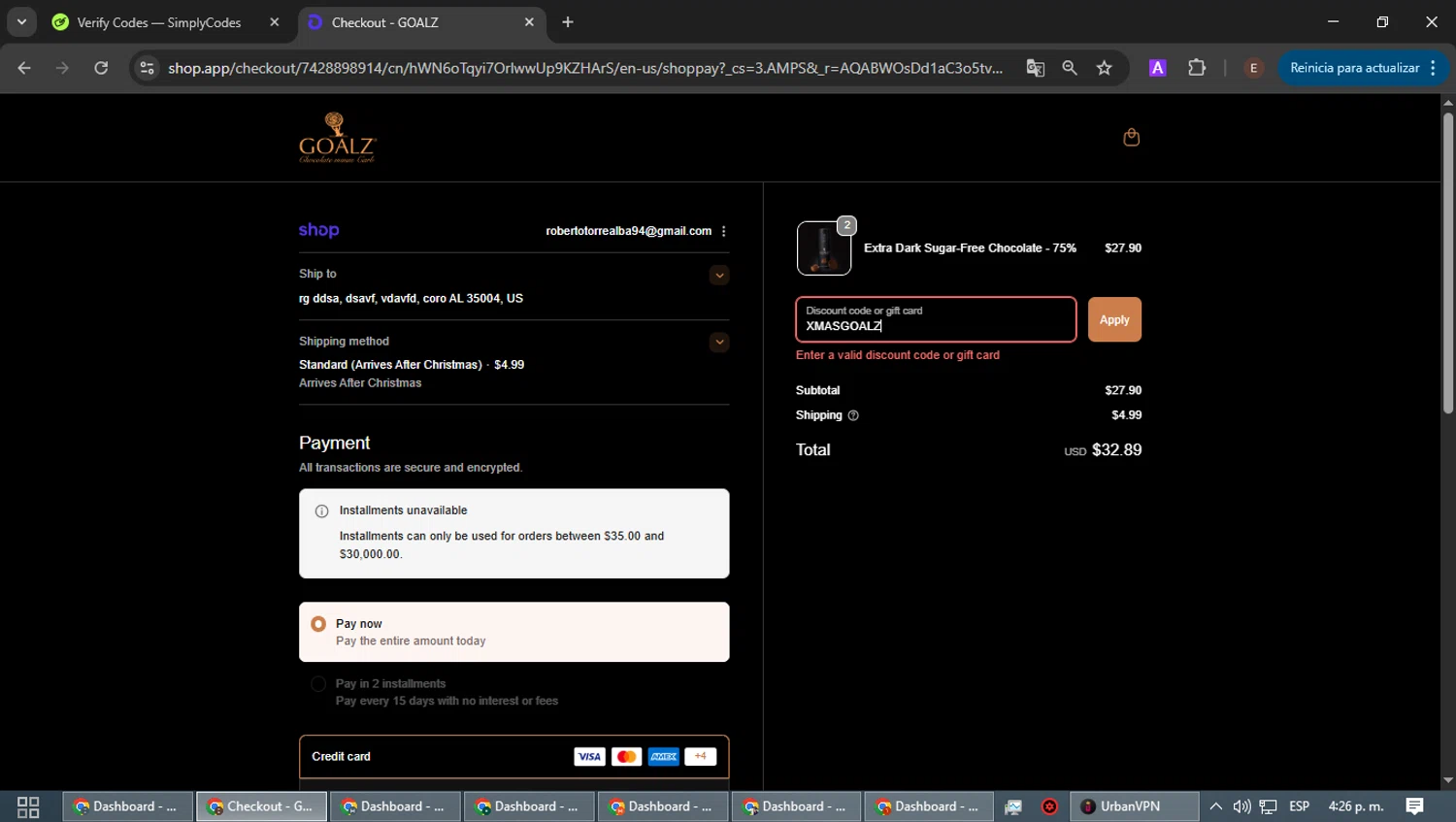 Goalz discount code screenshot showing code XMASGOALZ applied at Goalz checkout page. Uploaded by SimplyCodes community member WonderPilot3689 on Dec 24, 2025