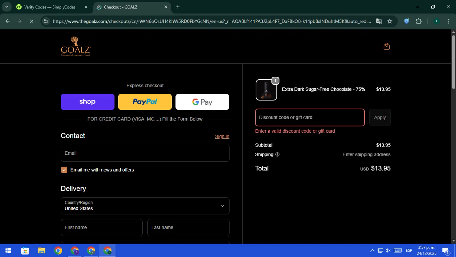 Goalz discount code screenshot showing code XMASGOALZ applied at Goalz checkout page. Uploaded by SimplyCodes community member rodri1 on Dec 24, 2025