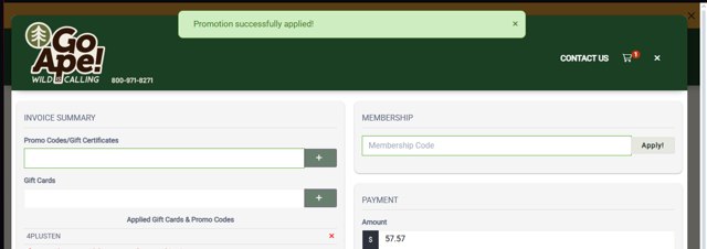 Go Ape checkout page showing Go Ape promo code box | Screenshot taken by SimplyCodes community member on Jul 25, 2025