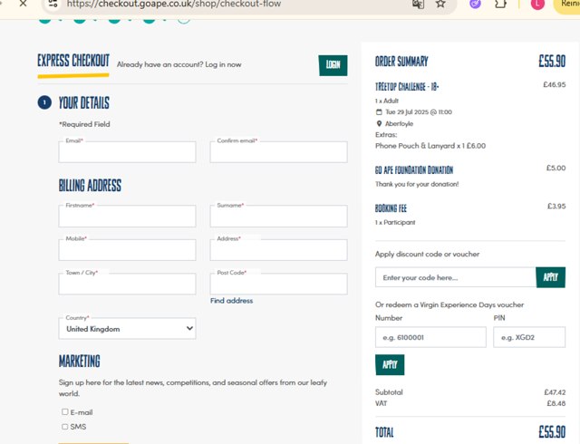 Go Ape checkout page showing Go Ape promo code box | Screenshot taken by SimplyCodes community member on Jul 18, 2025