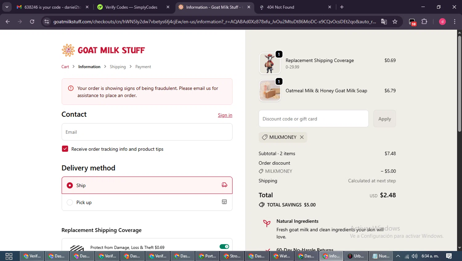 Goat Milk Stuff coupon code screenshot showing code milkmoney applied at Goat Milk Stuff checkout page. Uploaded by SimplyCodes community member MagnificentSpotter4236 on Nov 27, 2025