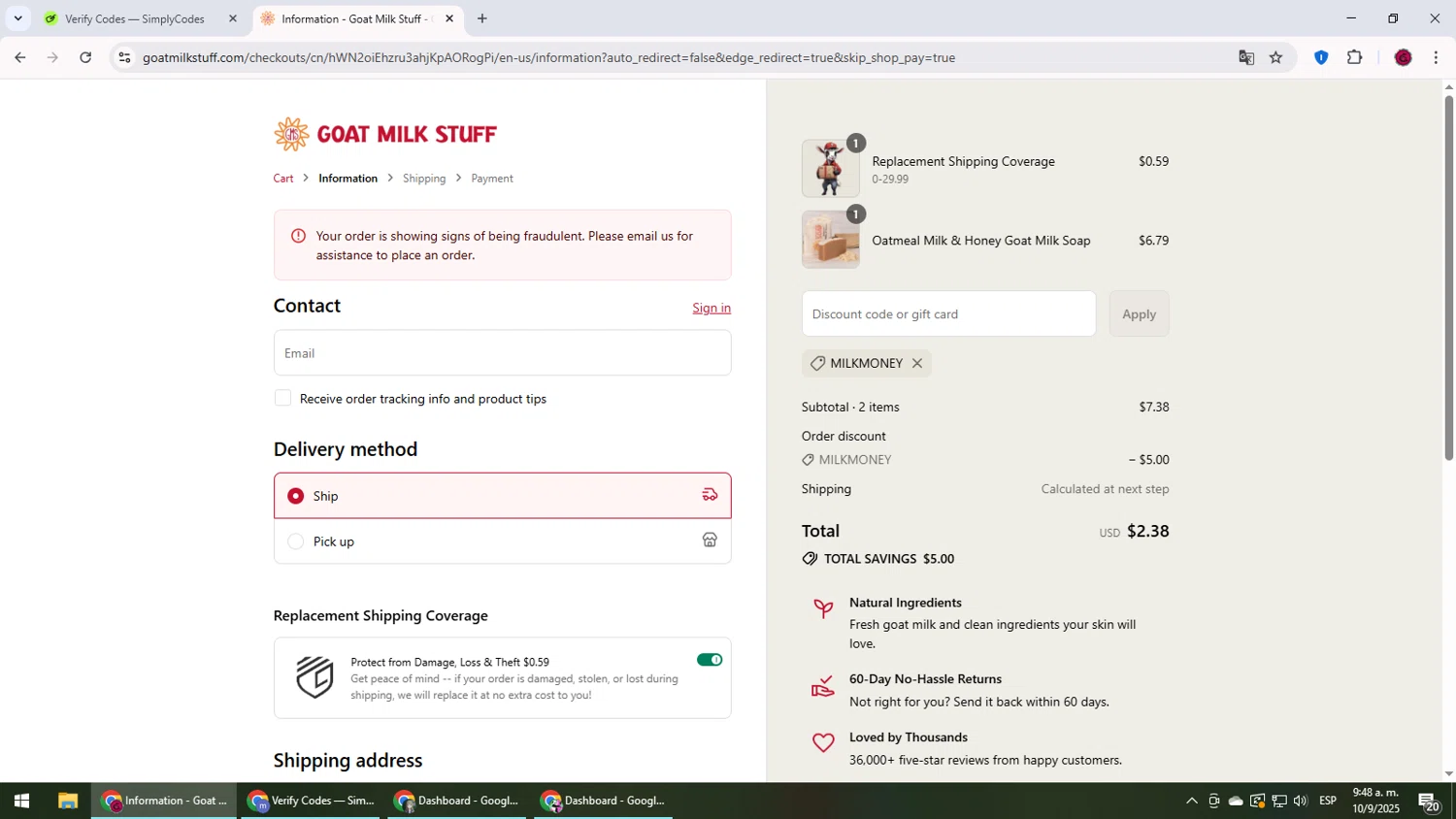 Goat Milk Stuff coupon code screenshot showing code milkmoney applied at Goat Milk Stuff checkout page. Uploaded by SimplyCodes community member MightyLegend6657 on Sep 10, 2025