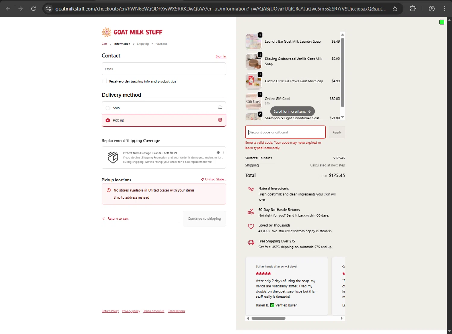 Goat Milk Stuff coupon code screenshot showing code HOLIDAY2025 applied at Goat Milk Stuff checkout page. Uploaded by SimplyCodes community member Niideamrk on Dec 20, 2025