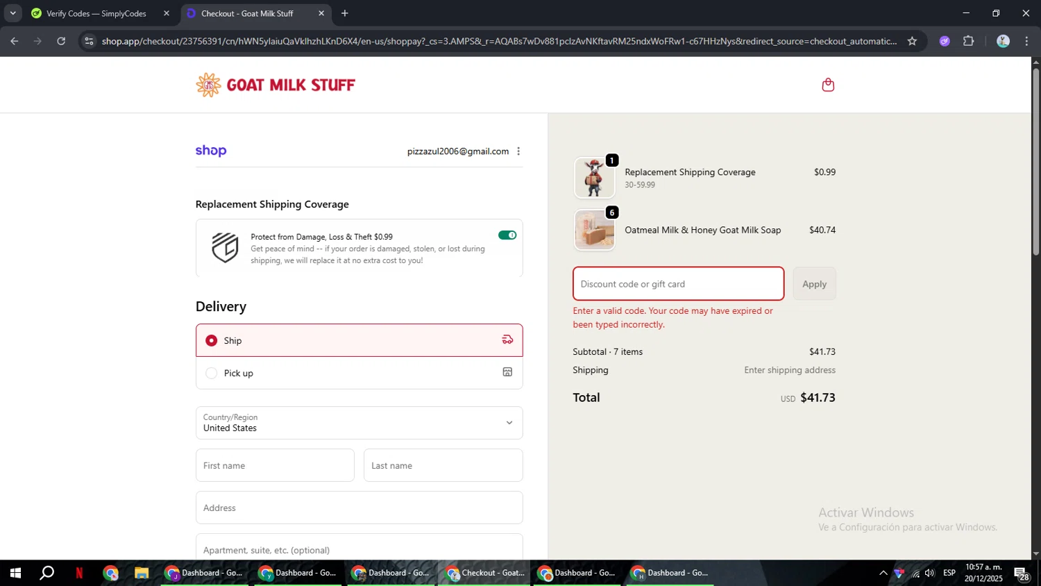 Goat Milk Stuff coupon code screenshot showing code HOLIDAY2025 applied at Goat Milk Stuff checkout page. Uploaded by SimplyCodes community member ShrewdSeeker6165 on Dec 20, 2025