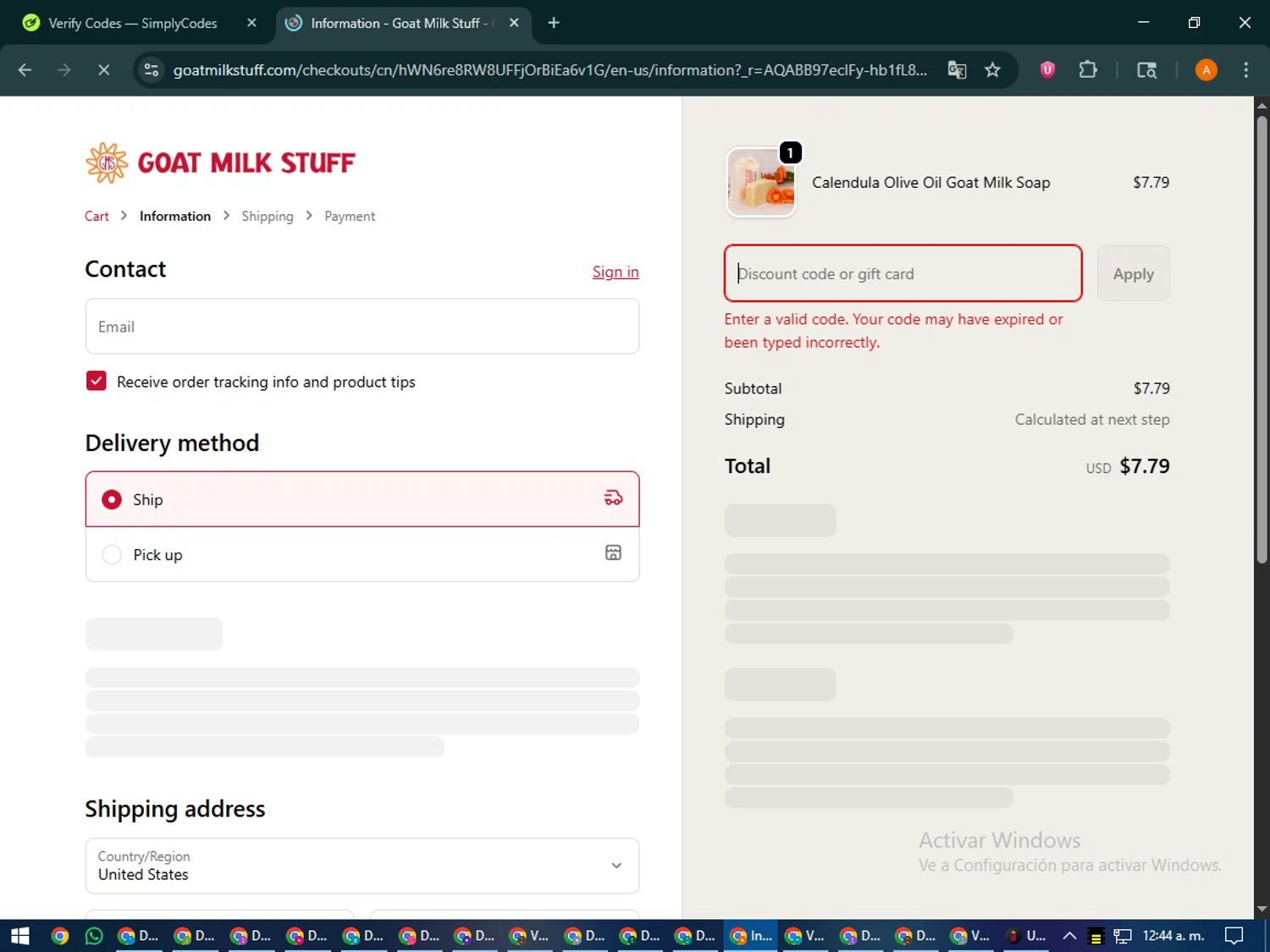 Goat Milk Stuff coupon code screenshot showing code GIFTCARD applied at Goat Milk Stuff checkout page. Uploaded by SimplyCodes community member MoneyPhoenix4664 on Dec 26, 2025