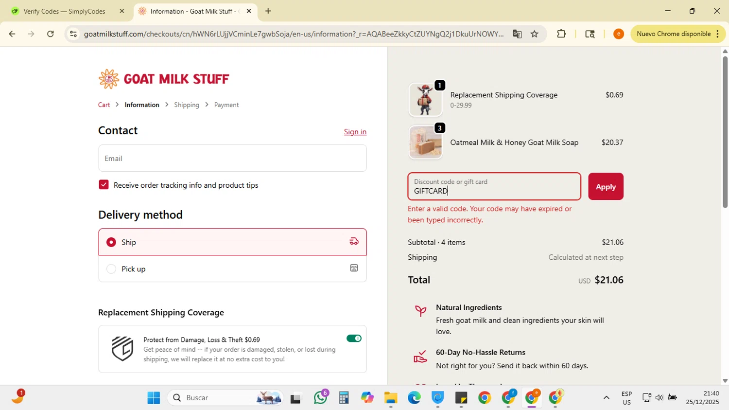 Goat Milk Stuff coupon code screenshot showing code GIFTCARD applied at Goat Milk Stuff checkout page. Uploaded by SimplyCodes community member RebateSpotter7205 on Dec 26, 2025