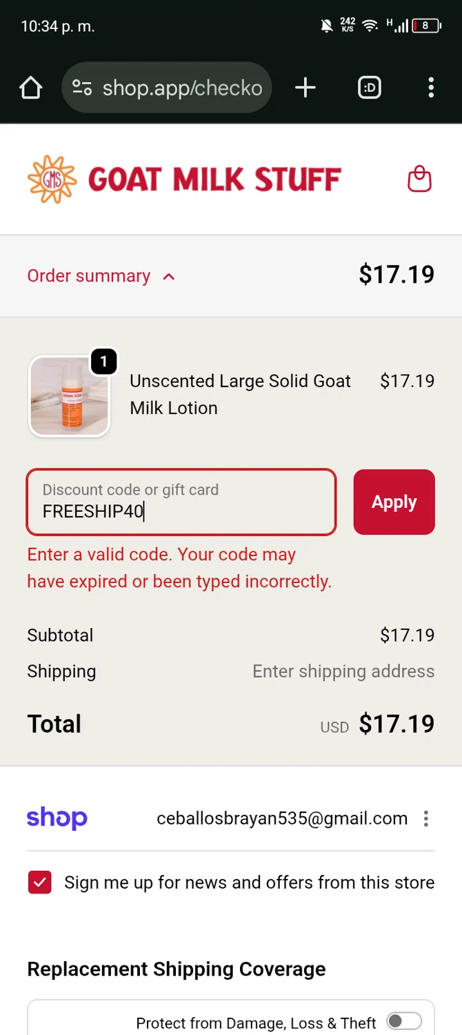 Goat Milk Stuff coupon code screenshot showing code FREESHIP40 applied at Goat Milk Stuff checkout page. Uploaded by SimplyCodes community member Bernado on Dec 31, 2025
