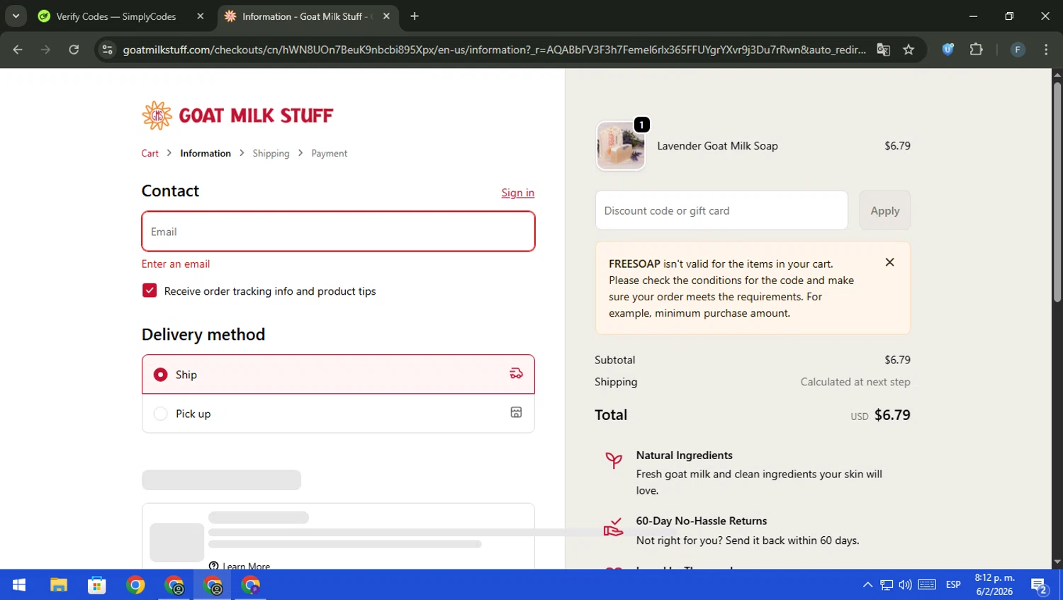 Goat Milk Stuff checkout page showing Goat Milk Stuff coupon code box | Screenshot taken by SimplyCodes community member on Feb 7, 2026