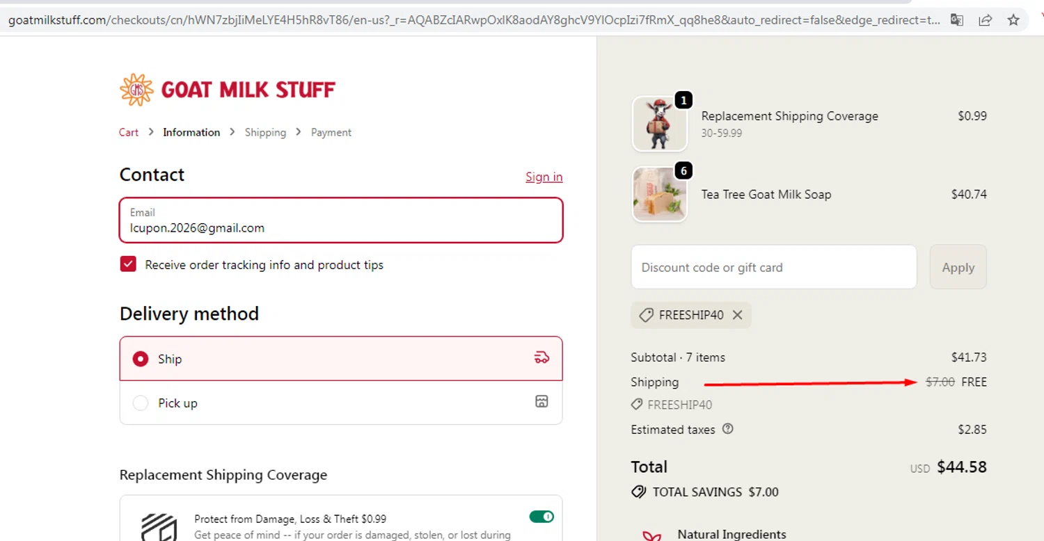 Goat Milk Stuff coupon code screenshot showing code FREESHIP40 applied at Goat Milk Stuff checkout page. Uploaded by SimplyCodes community member EMILIANOMASABE on Jan 24, 2026
