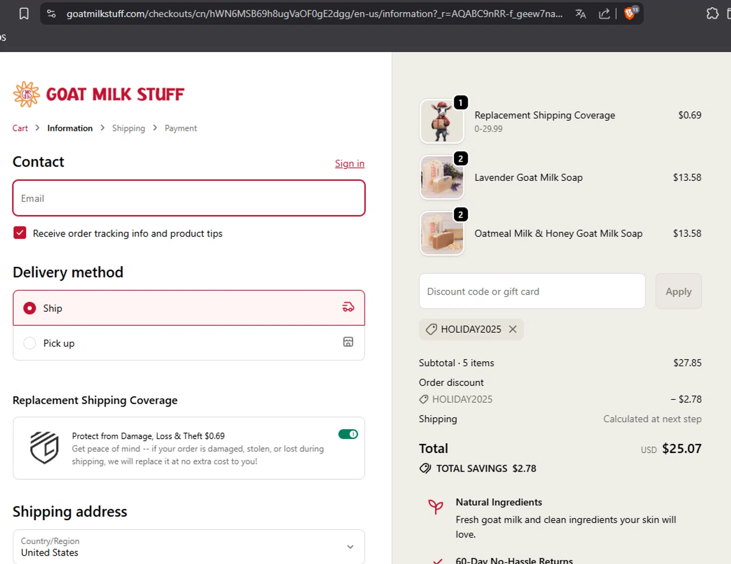 Goat Milk Stuff coupon code screenshot showing code HOLIDAY2025 applied at Goat Milk Stuff checkout page. Uploaded by SimplyCodes community member MiguelI on Dec 12, 2025