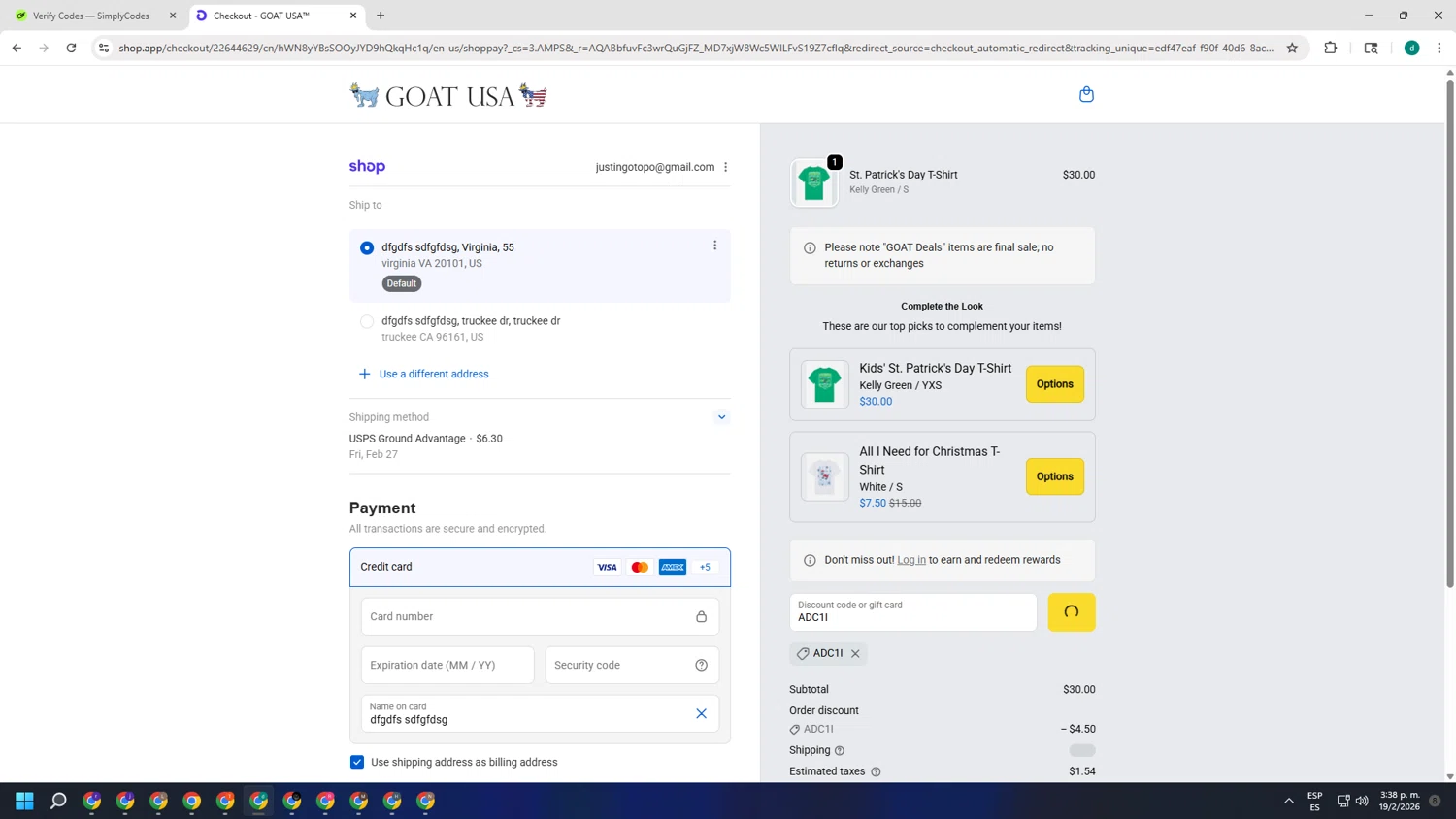 GOAT USA checkout page showing GOAT USA coupon code box | Screenshot taken by SimplyCodes community member on Feb 19, 2026
