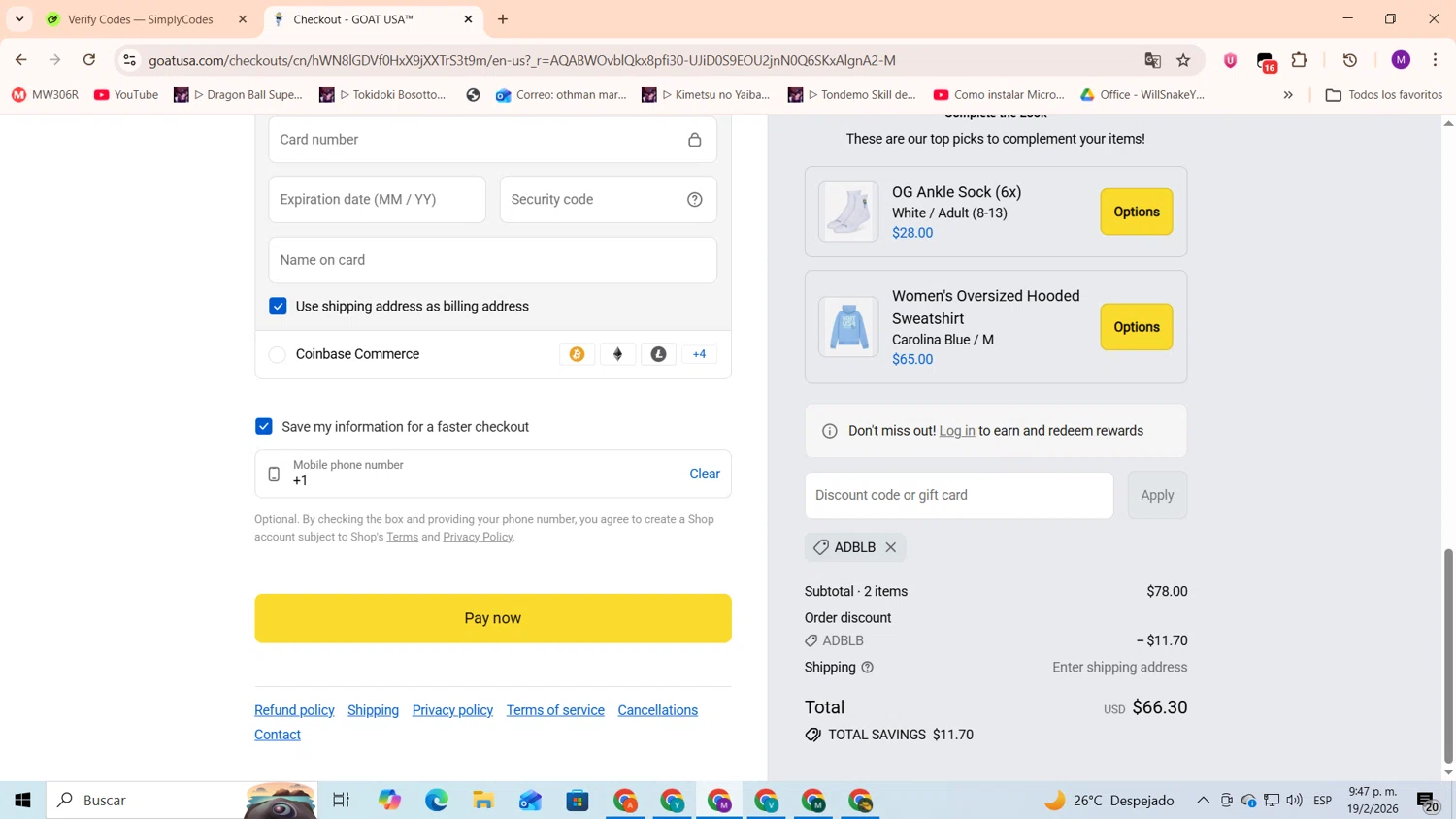 GOAT USA checkout page showing GOAT USA coupon code box | Screenshot taken by SimplyCodes community member on Feb 20, 2026