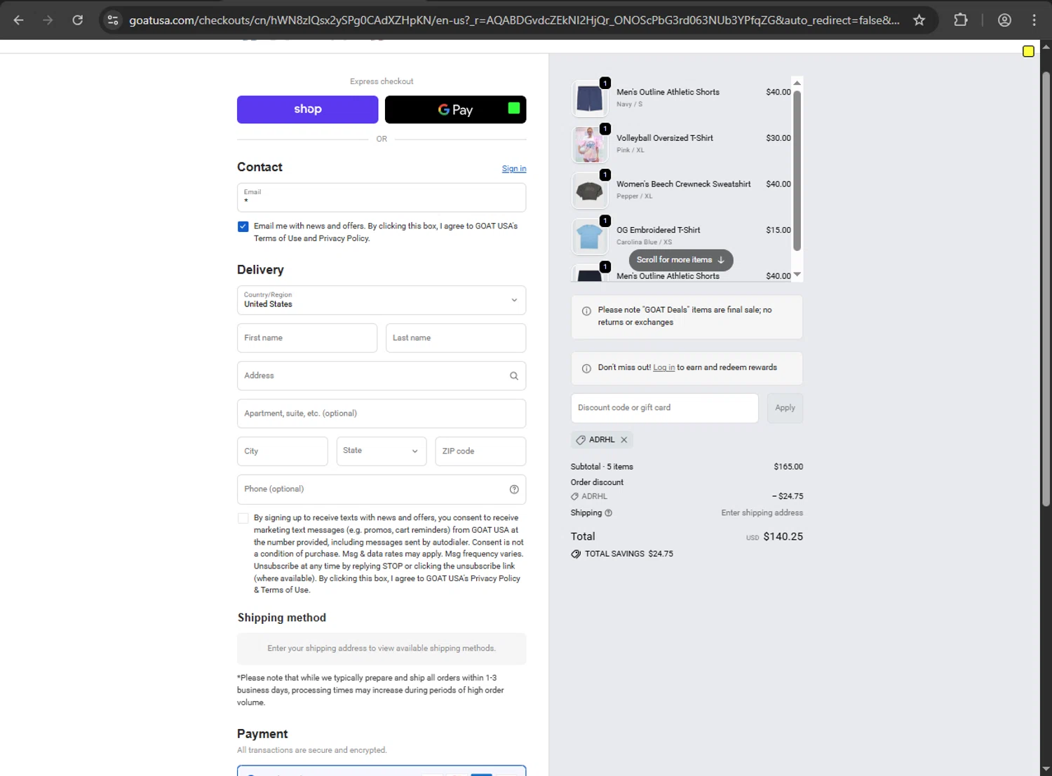 GOAT USA checkout page showing GOAT USA coupon code box | Screenshot taken by SimplyCodes community member on Feb 20, 2026