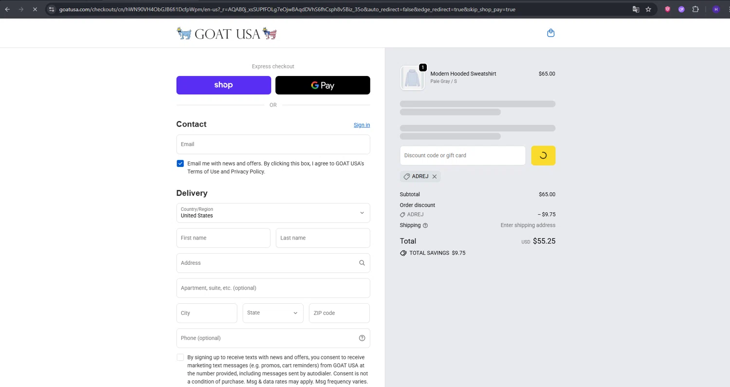 GOAT USA checkout page showing GOAT USA coupon code box | Screenshot taken by SimplyCodes community member on Feb 20, 2026