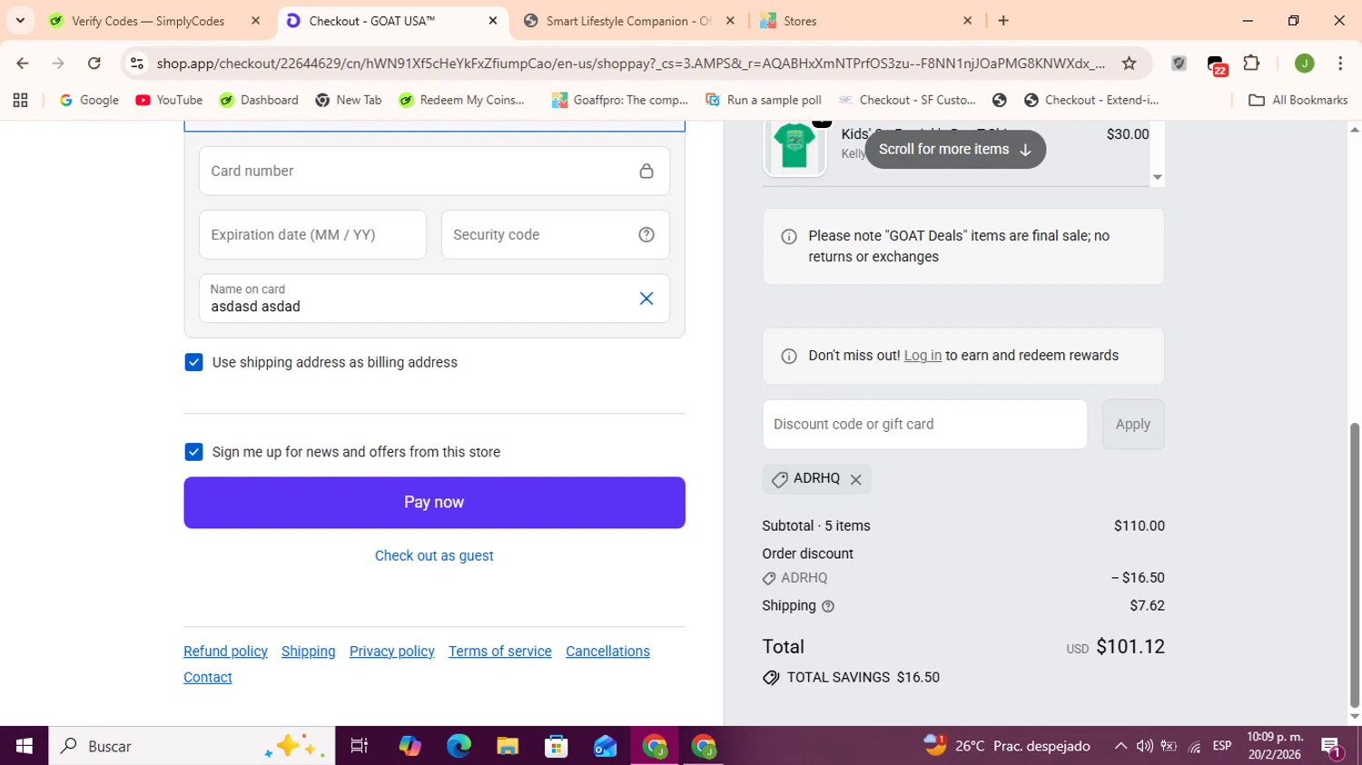 GOAT USA checkout page showing GOAT USA coupon code box | Screenshot taken by SimplyCodes community member on Feb 21, 2026