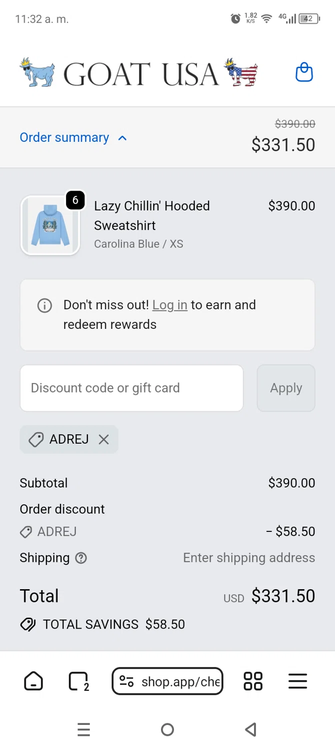 GOAT USA coupon code screenshot showing code ADREJ applied at GOAT USA checkout page. Uploaded by SimplyCodes community member AnthonyGuapeton94 on Feb 20, 2026