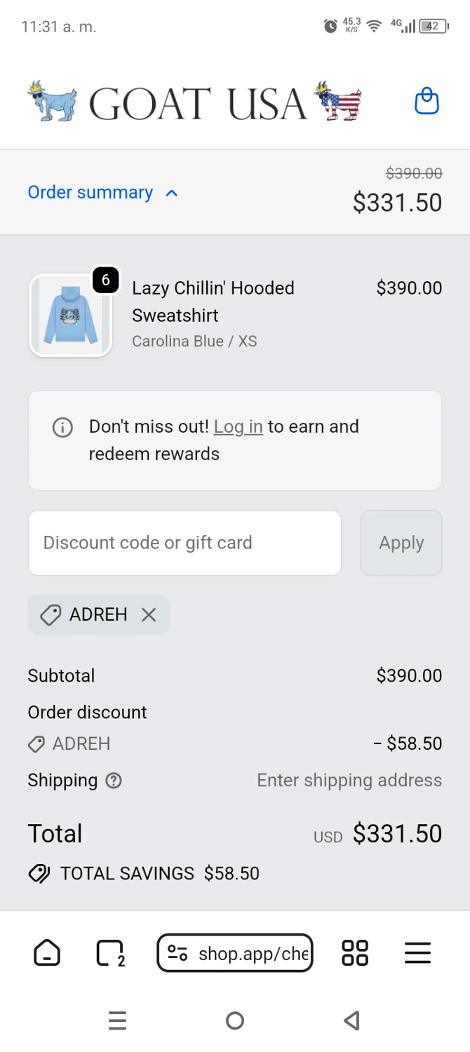GOAT USA coupon code screenshot showing code ADREH applied at GOAT USA checkout page. Uploaded by SimplyCodes community member AnthonyGuapeton94 on Feb 20, 2026