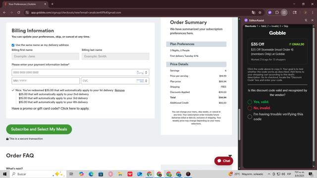 Gobble checkout page showing Gobble promo code box | Screenshot taken by SimplyCodes community member on Sep 8, 2025