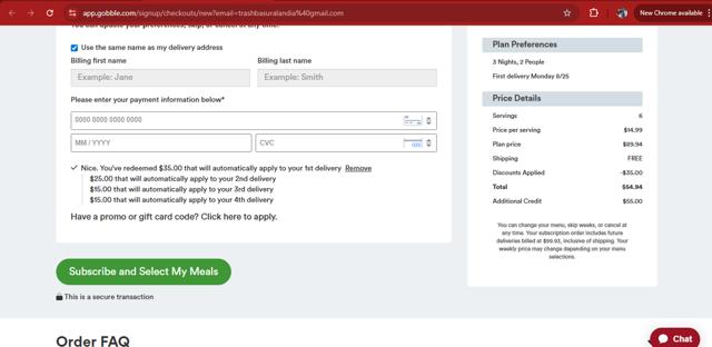 Gobble checkout page showing Gobble promo code box | Screenshot taken by SimplyCodes community member on Aug 18, 2025