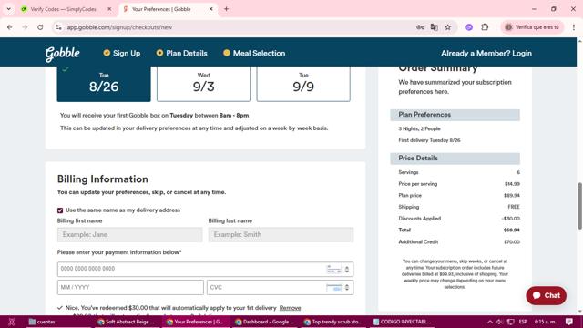 Gobble checkout page showing Gobble promo code box | Screenshot taken by SimplyCodes community member on Aug 18, 2025