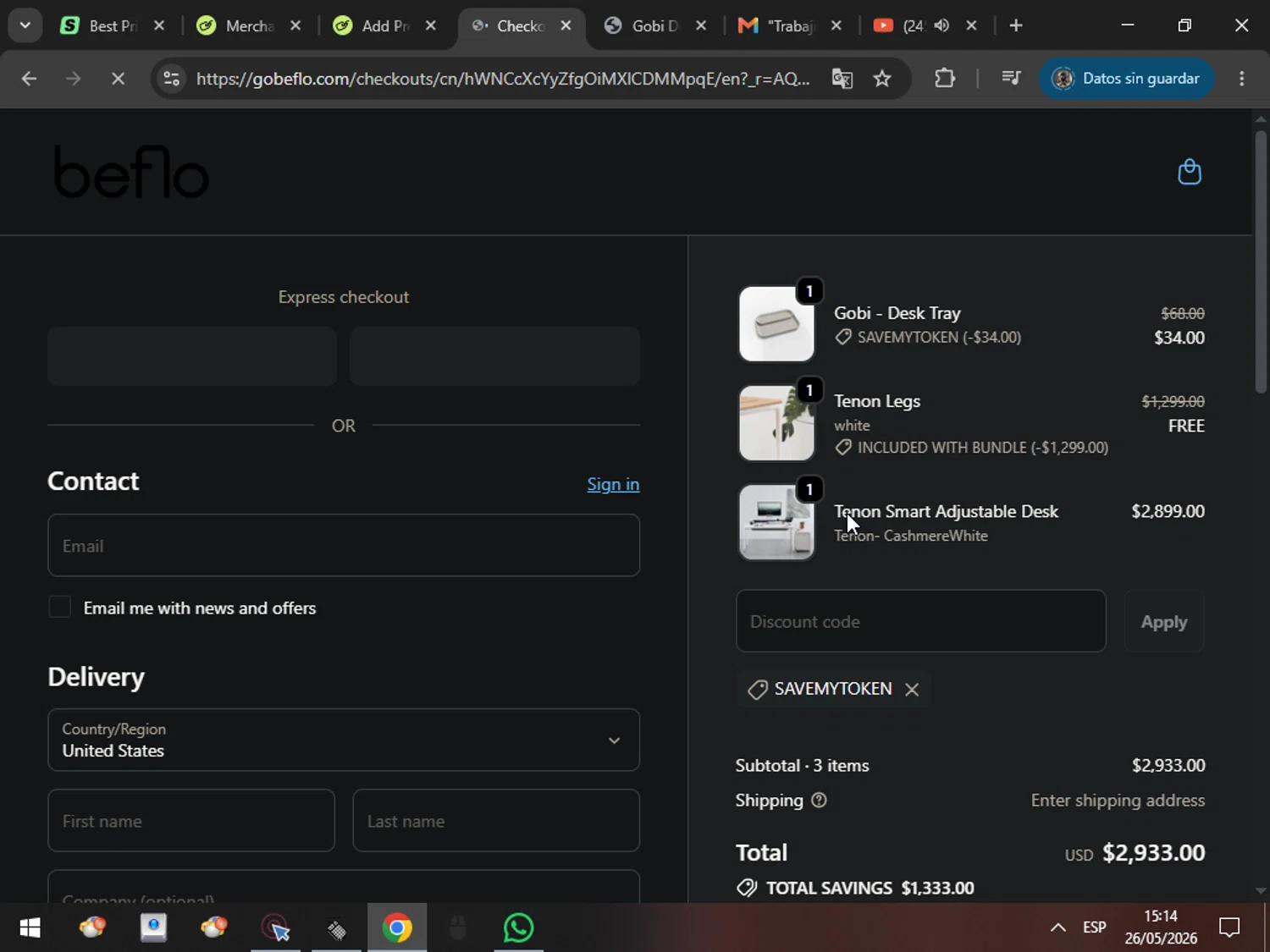 Beflo promo code screenshot showing code SAVEMYTOKEN applied at Beflo checkout page. Uploaded by SimplyCodes community member MarcosAranguren on May 26, 2026