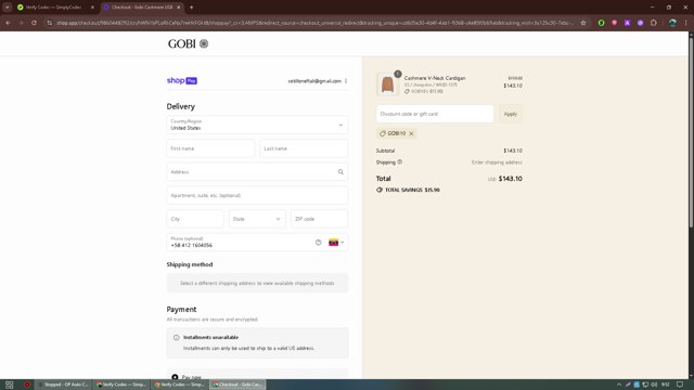 Gobi Cashmere checkout page showing Gobi Cashmere promo code box | Screenshot taken by SimplyCodes community member on Aug 9, 2025