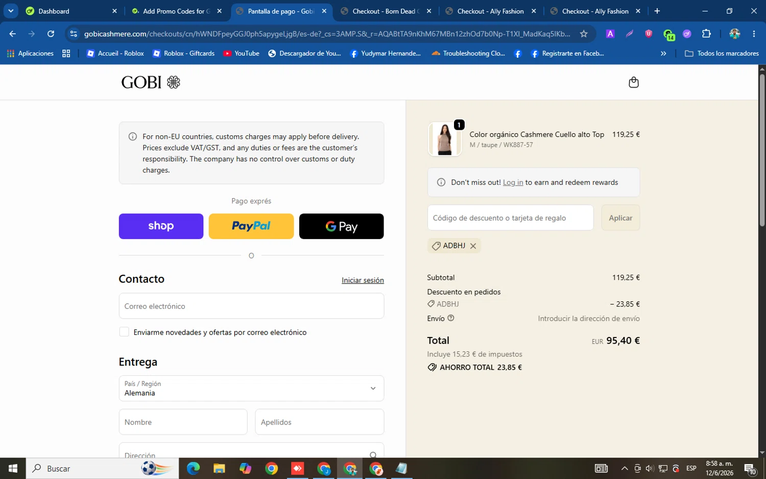 Gobi Cashmere promo code screenshot showing code adbhj applied at Gobi Cashmere checkout page. Uploaded by SimplyCodes community member helicoide on Jun 12, 2026
