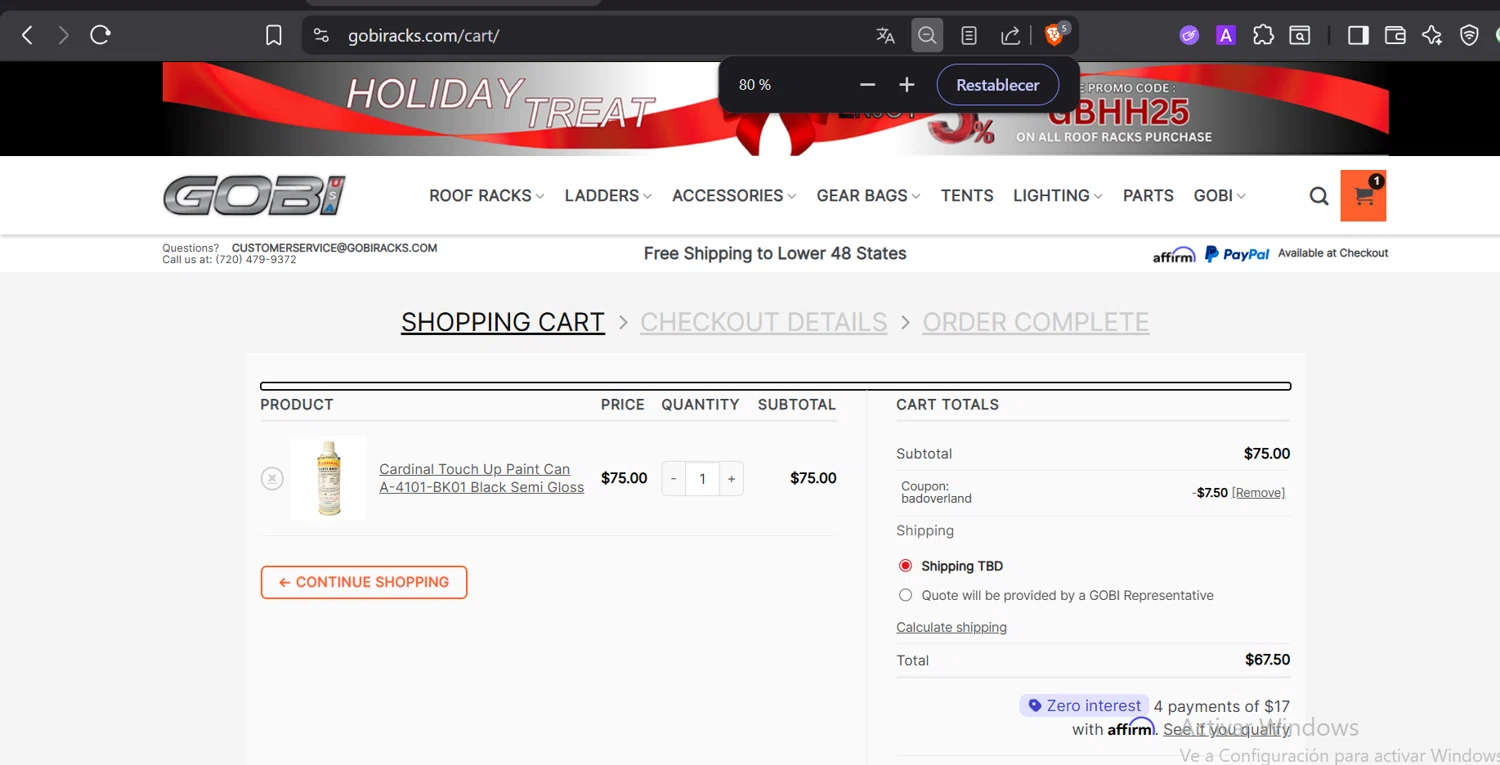 GOBI USA checkout page showing GOBI USA coupon code box | Screenshot taken by SimplyCodes community member on Jan 5, 2026