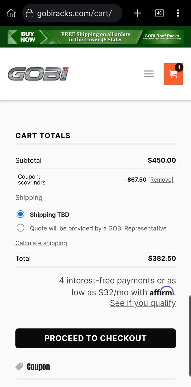 GOBI USA coupon code screenshot showing code SCOVRLNDRS applied at GOBI USA checkout page. Uploaded by SimplyCodes community member Carloslvz on Jan 25, 2025
