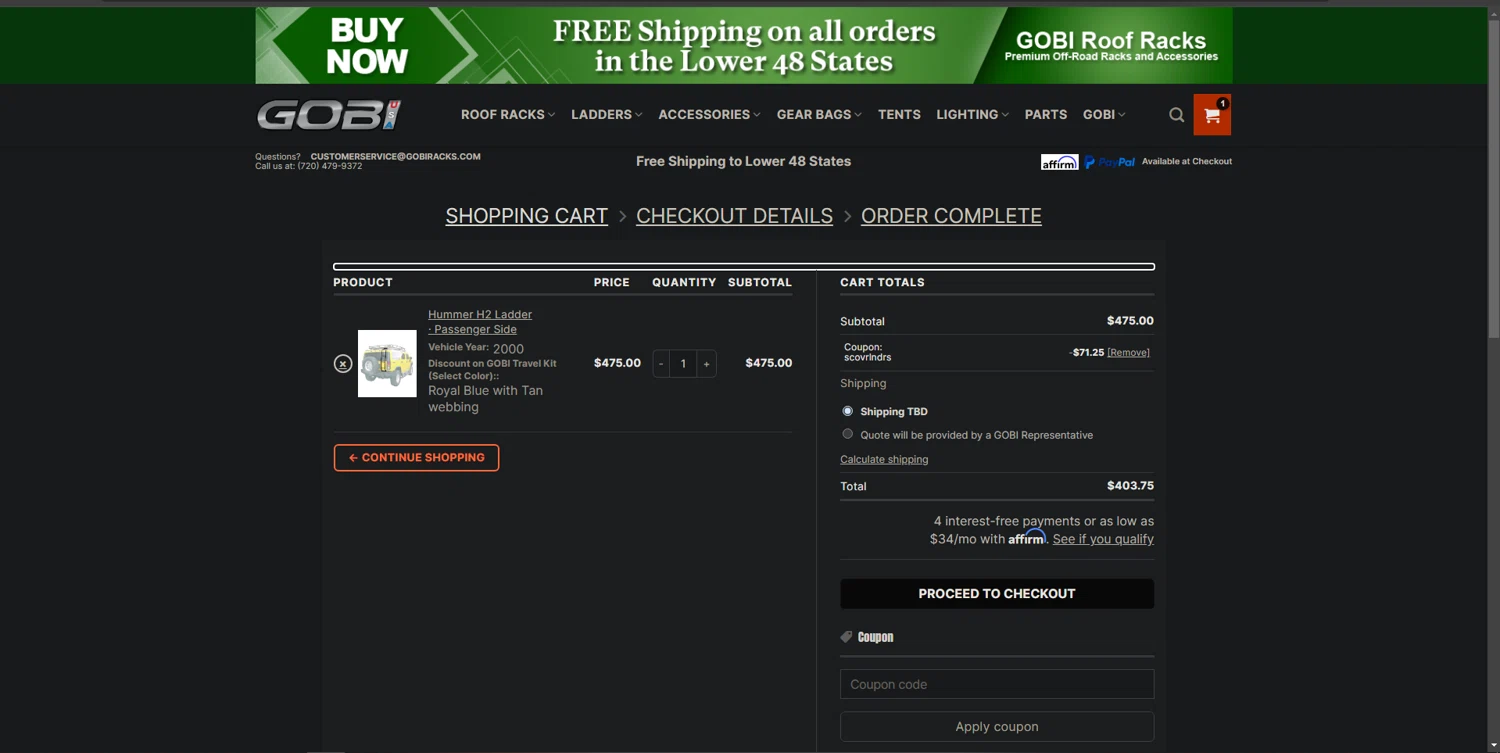 GOBI USA coupon code screenshot showing code SCOVRLNDRS applied at GOBI USA checkout page. Uploaded by SimplyCodes community member yunexxx on Dec 27, 2024