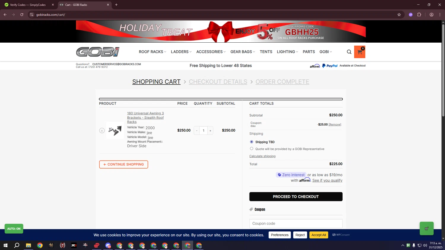 GOBI USA checkout page showing GOBI USA coupon code box | Screenshot taken by SimplyCodes community member on Dec 31, 2025