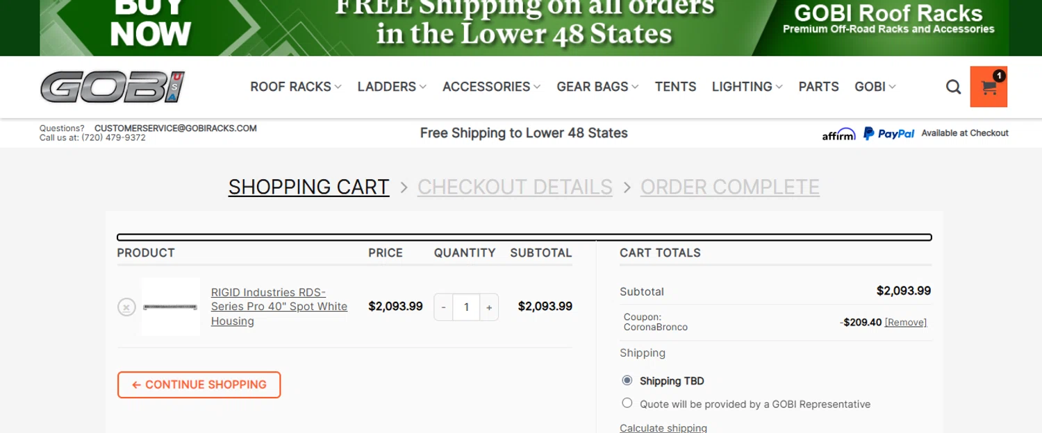 GOBI USA coupon code screenshot showing code CORONABRONCO applied at GOBI USA checkout page. Uploaded by SimplyCodes community member ashe1986 on Aug 19, 2025