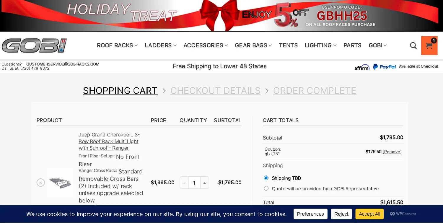 GOBI USA coupon code screenshot showing code GBLK251 applied at GOBI USA checkout page. Uploaded by SimplyCodes community member shark12 on Dec 10, 2025