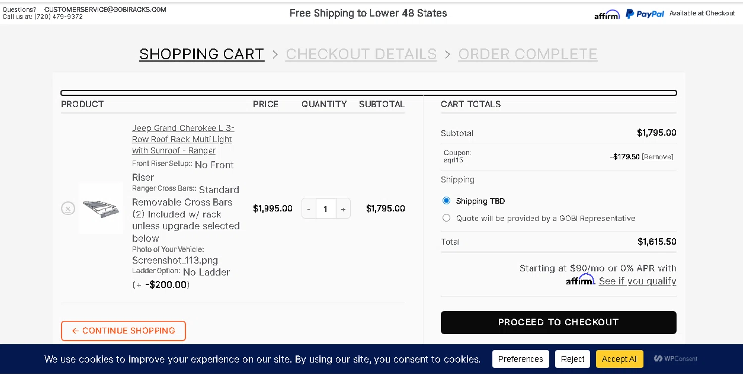 GOBI USA coupon code screenshot showing code SQRL15 applied at GOBI USA checkout page. Uploaded by SimplyCodes community member shark12 on Dec 10, 2025