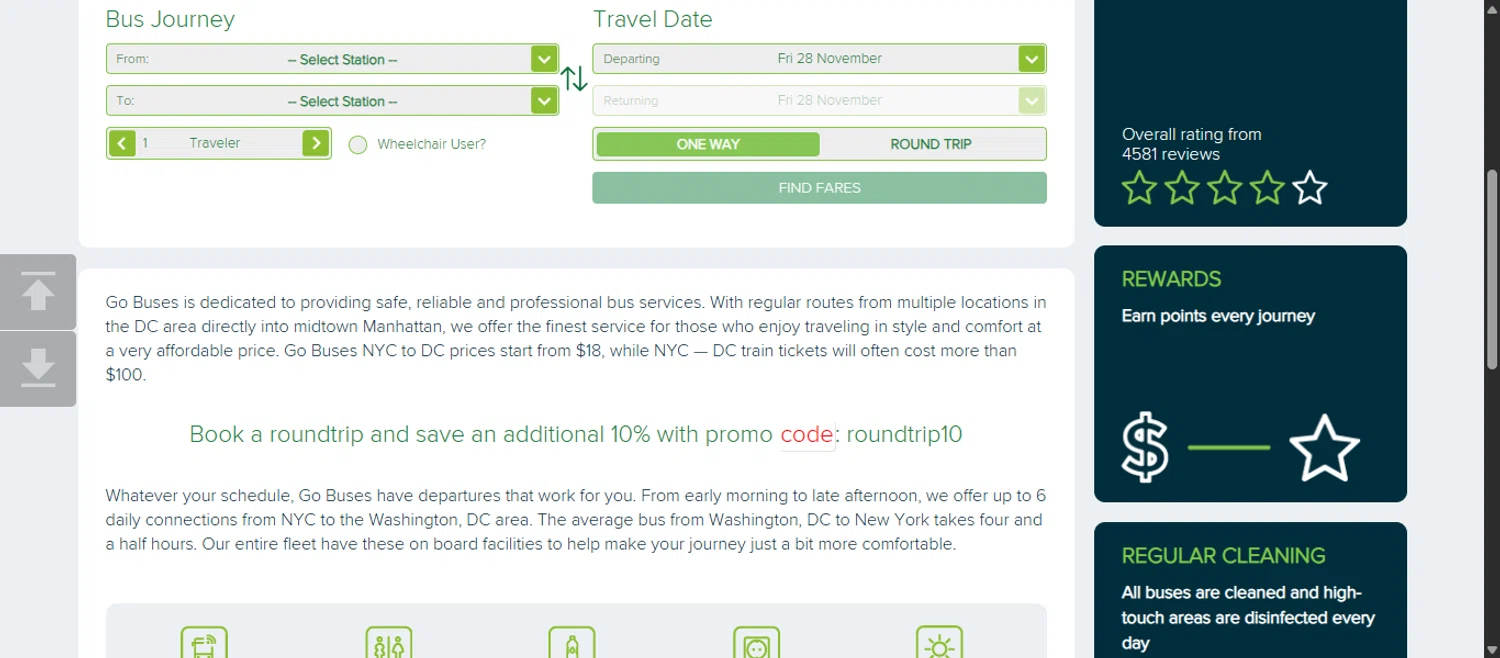 Go Buses coupon code screenshot showing code roundtrip10 applied at Go Buses checkout page. Uploaded by SimplyCodes community member 111111 on Nov 28, 2025