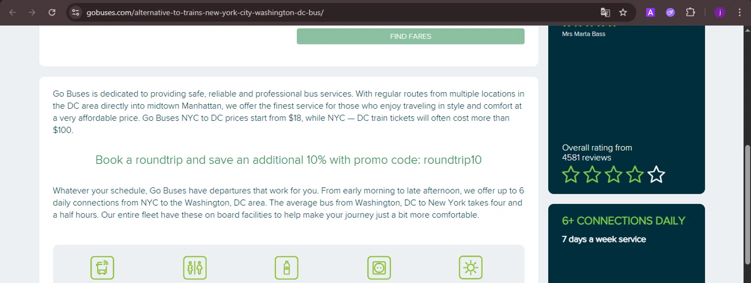 Go Buses coupon code screenshot showing code ROUNDTRIP10 applied at Go Buses checkout page. Uploaded by SimplyCodes community member CoinMaverick1452 on Nov 28, 2025