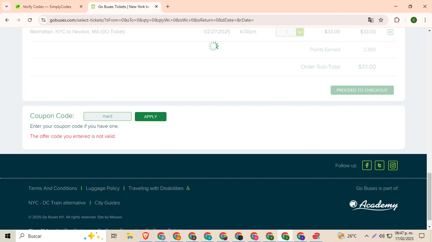 Go Buses coupon code screenshot showing code mar3 applied at Go Buses checkout page. Uploaded by SimplyCodes community member DevianArt on Feb 17, 2025