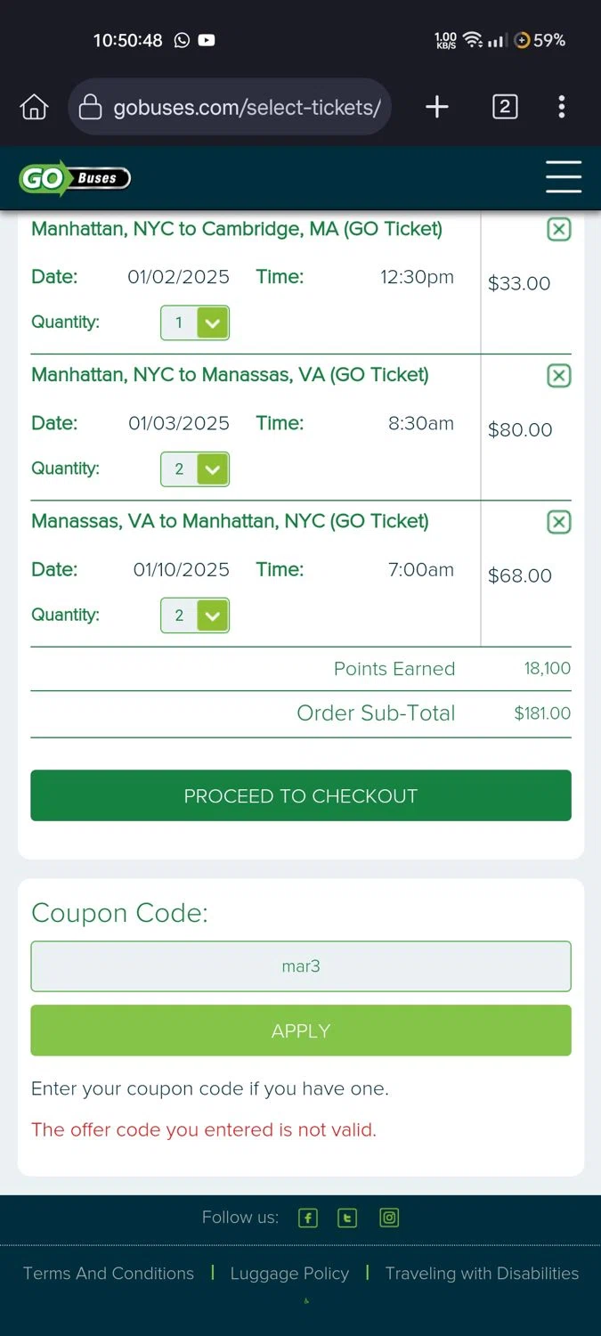 Go Buses coupon code screenshot showing code mar3 applied at Go Buses checkout page. Uploaded by SimplyCodes community member CoinHero3675 on Jan 2, 2025