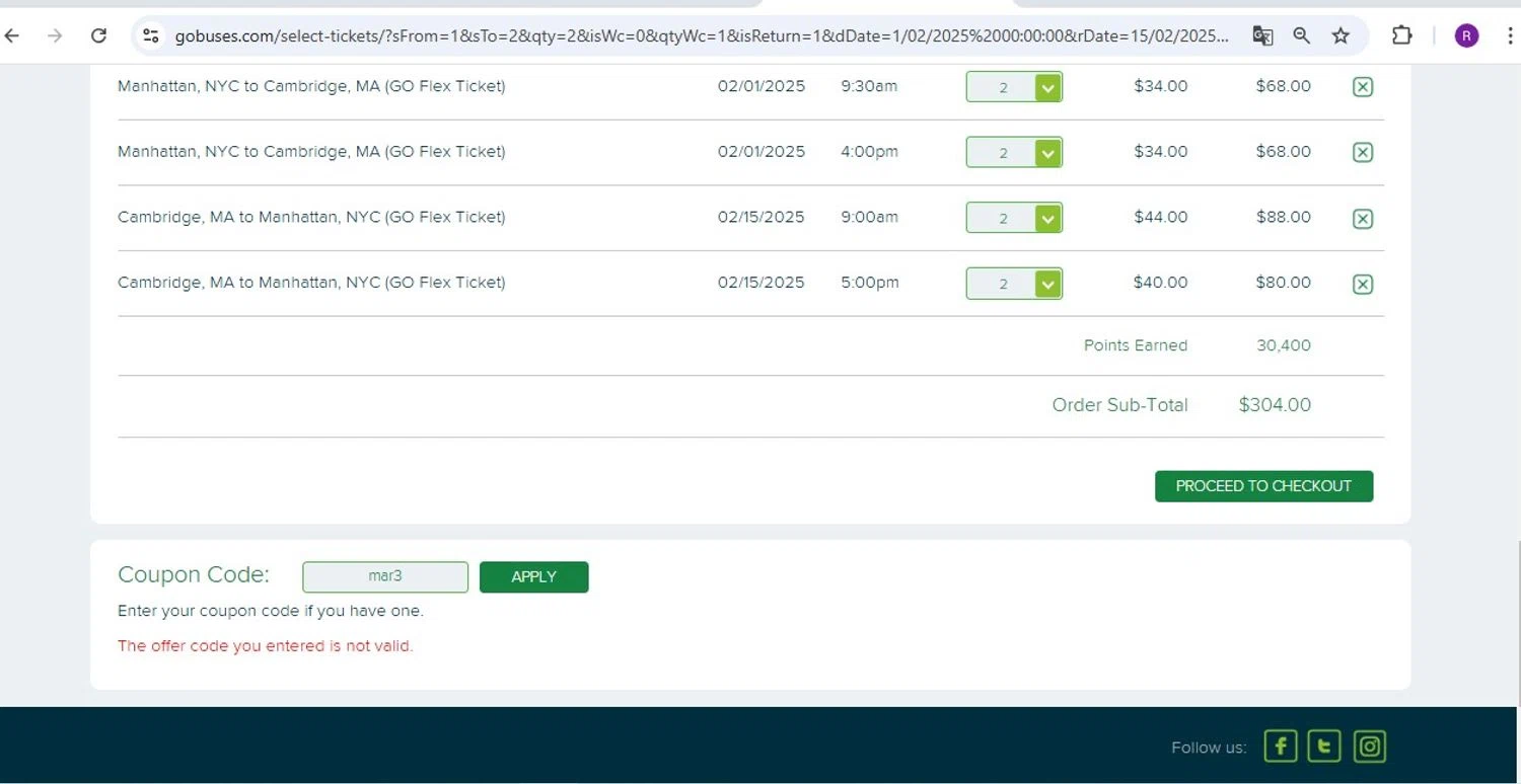 Go Buses coupon code screenshot showing code mar3 applied at Go Buses checkout page. Uploaded by SimplyCodes community member rapc3030 on Jan 25, 2025