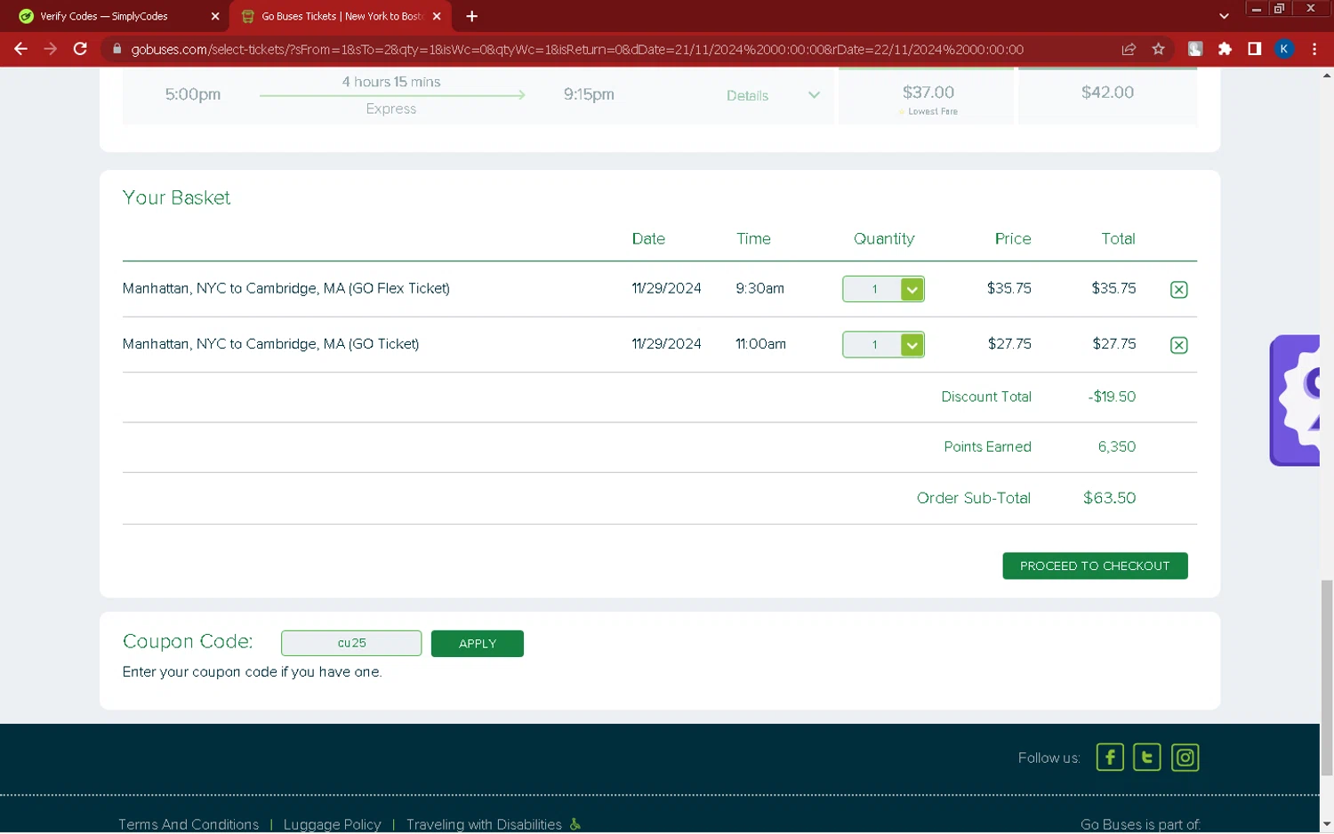 Go Buses checkout page showing Go Buses coupon code box | Screenshot taken by SimplyCodes community member on Nov 21, 2024