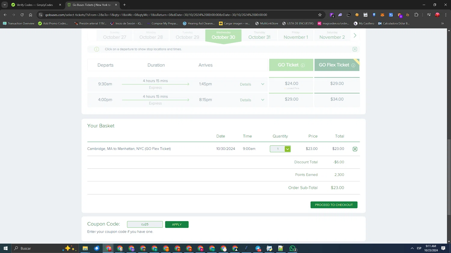 Go Buses checkout page showing Go Buses coupon code box | Screenshot taken by SimplyCodes community member on Oct 23, 2024