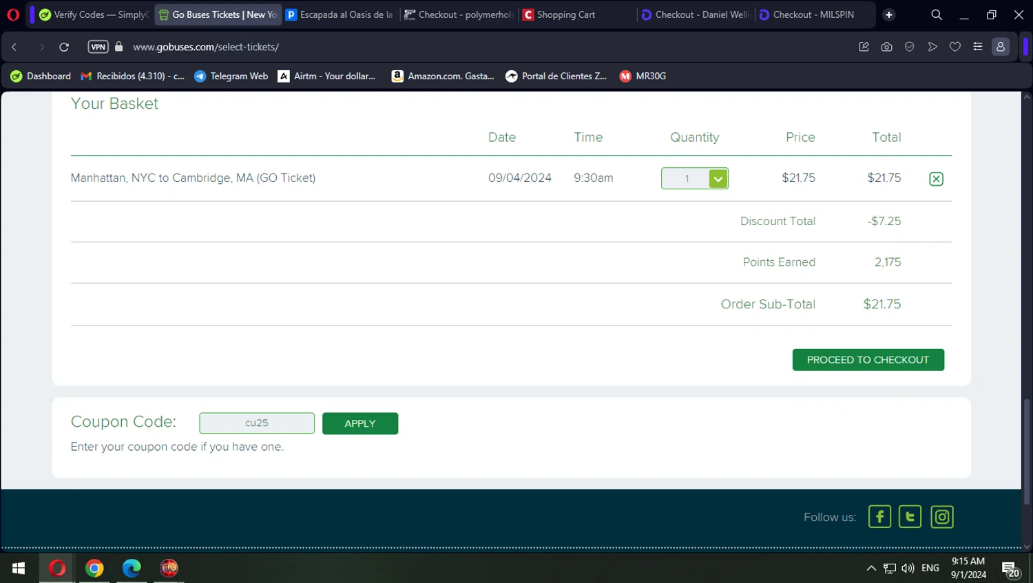 Go Buses checkout page showing Go Buses coupon code box | Screenshot taken by SimplyCodes community member on Sep 1, 2024