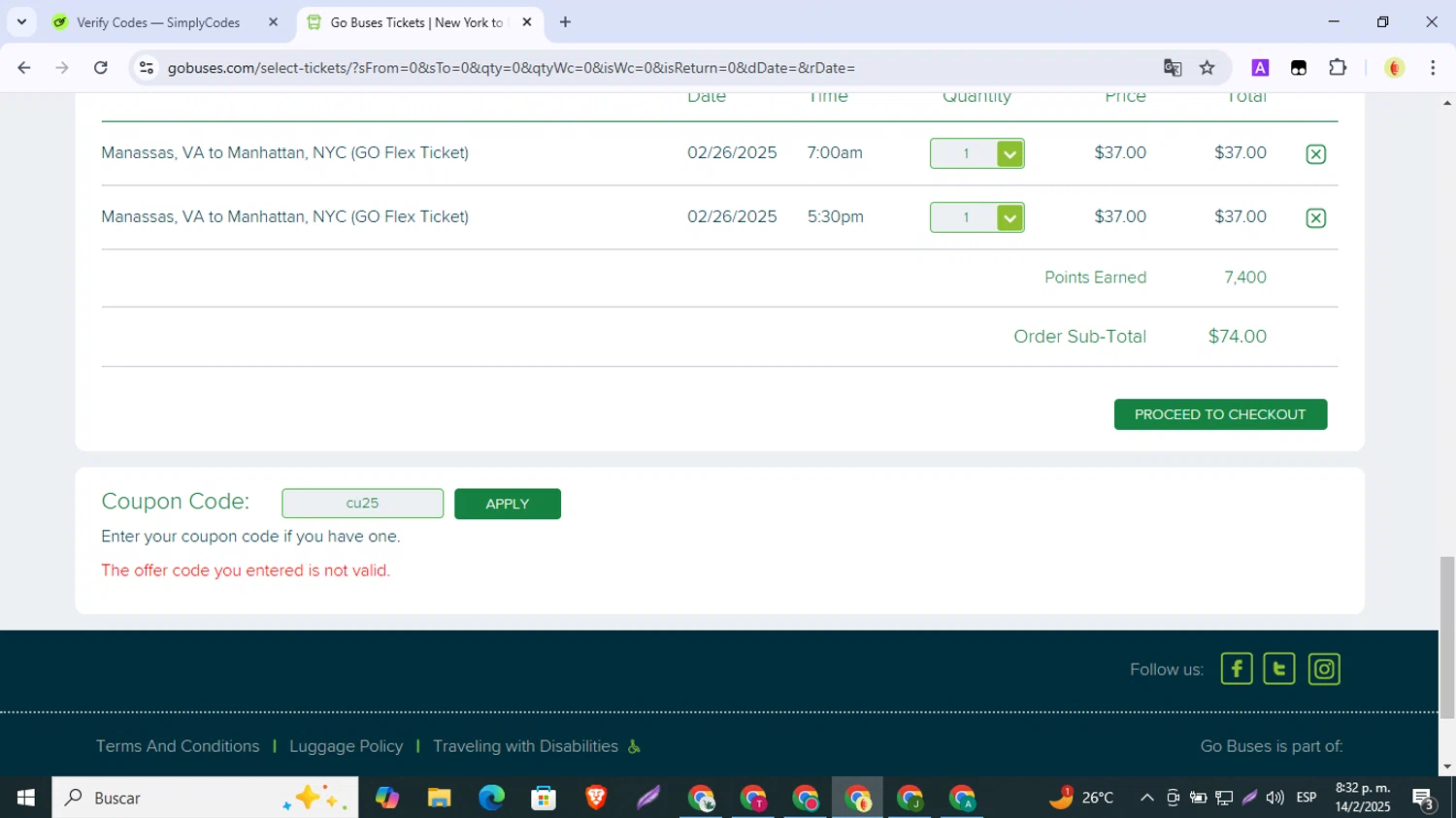 Go Buses coupon code screenshot showing code cu25 applied at Go Buses checkout page. Uploaded by SimplyCodes community member SmartMonarch9718 on Feb 15, 2025