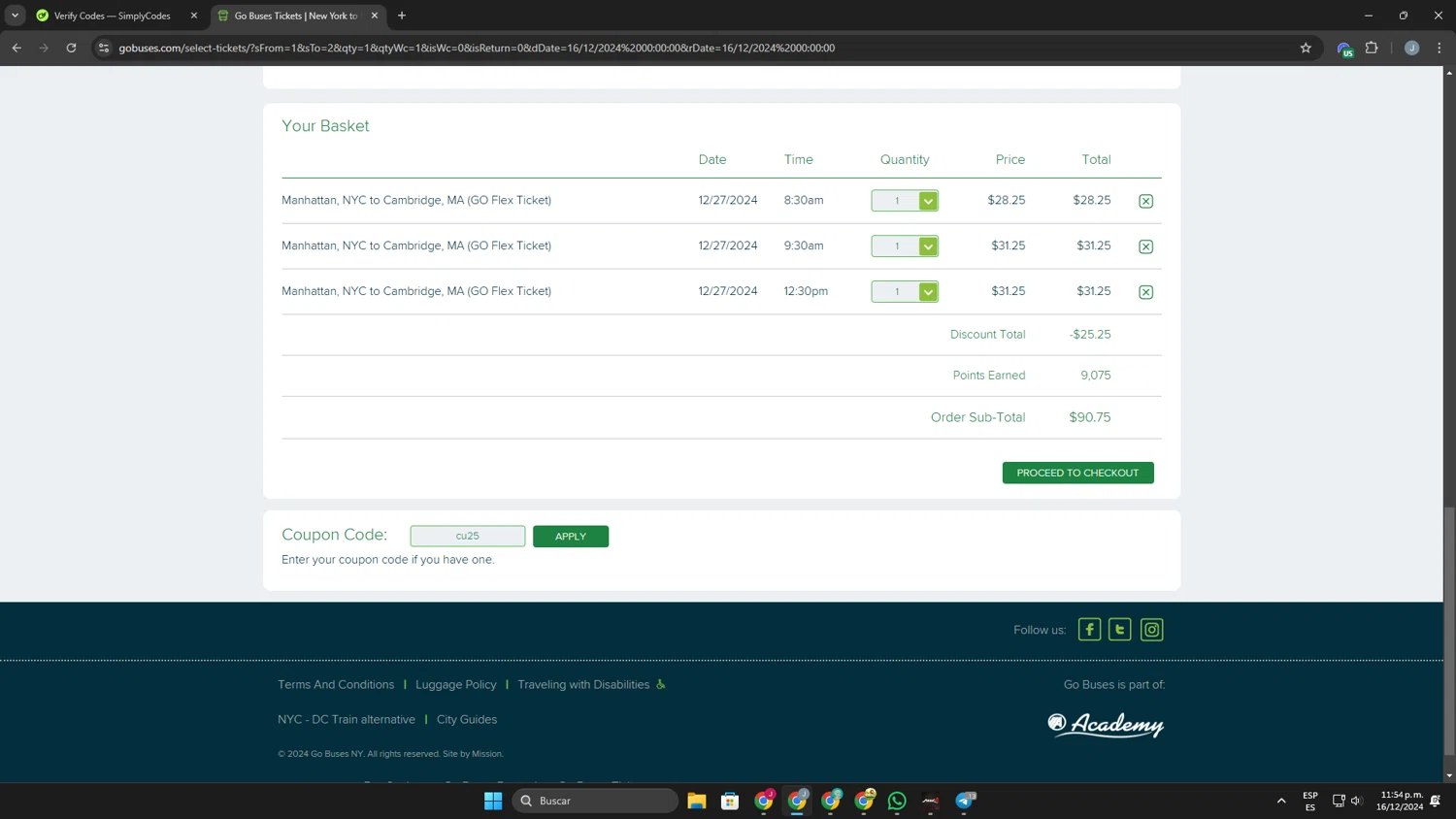Go Buses checkout page showing Go Buses coupon code box | Screenshot taken by SimplyCodes community member on Dec 17, 2024