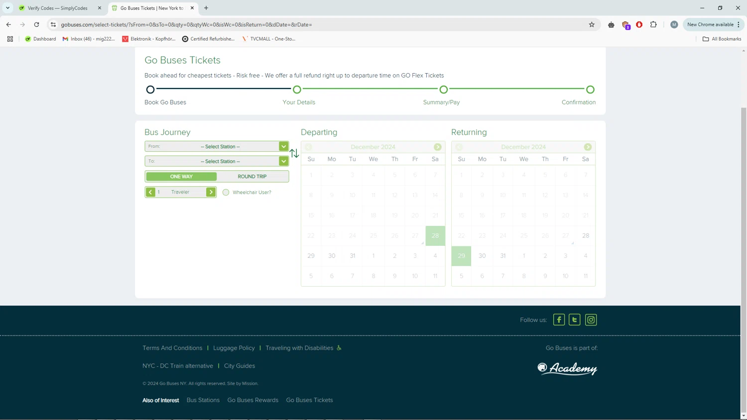 Go Buses checkout page showing Go Buses coupon code box | Screenshot taken by SimplyCodes community member on Dec 28, 2024