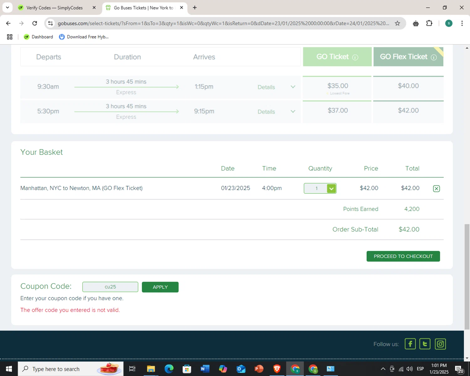 Go Buses coupon code screenshot showing code cu25 applied at Go Buses checkout page. Uploaded by SimplyCodes community member ShieldSpotter624 on Jan 23, 2025