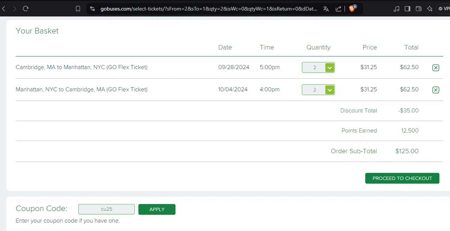 Go Buses checkout page showing Go Buses coupon code box | Screenshot taken by SimplyCodes community member on Sep 24, 2024
