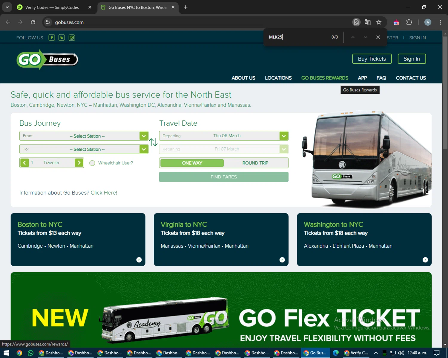 Go Buses coupon code screenshot showing code MLK25 applied at Go Buses checkout page. Uploaded by SimplyCodes community member trippieredd on Mar 6, 2025