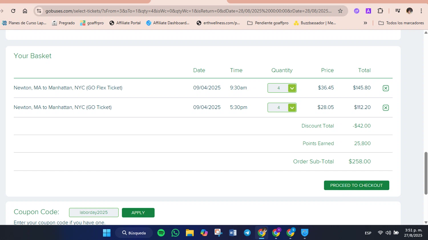 Go Buses coupon code screenshot showing code laborday2025 applied at Go Buses checkout page. Uploaded by SimplyCodes community member FrugalVirtuoso6318 on Aug 27, 2025