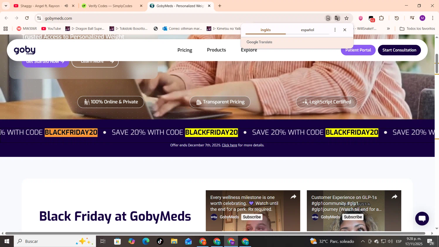 GobyMeds discount code screenshot showing code BLACKFRIDAY20 applied at GobyMeds checkout page. Uploaded by SimplyCodes community member cod_gakpo on Nov 18, 2025